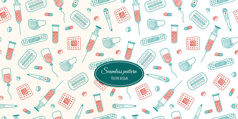 Seamless pattern with hand-drawn medical supplies in a minimalist style . Vector design