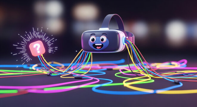 A highly detailed 3D rendering of a cartoon-like virtual reality (VR) headset sitting on a dark, reflective surface, surrounded by a tangle of brightly colored, glowing cables.