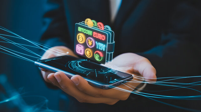 Digital cryptocurrency wallet emerging from smartphone