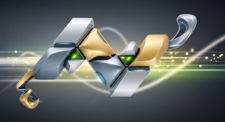 Geometric abstract sculpture with metallic gold and silver elements and green glowing triangles on a dark background