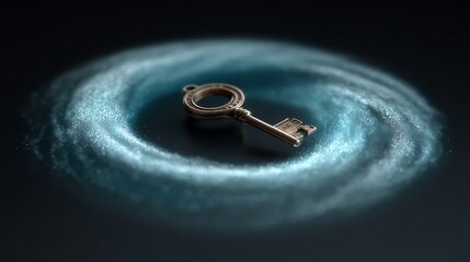 Ornate Golden Antique Key on Dark Background with Swirling Blue Shimmering Dust