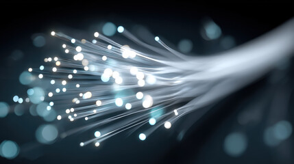 Ultra realistic glowing fiber optic cable with bright light streams and blurred background creating futuristic effect