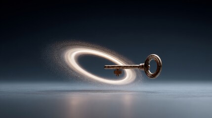 Old vintage key with magical swirling golden light particles, representing concept of solution and mystery
