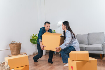 Couple Working Together to Move Cardboard Boxes in Bright and Spacious Living Room with Light Colored Furniture and Green Plant Decor
