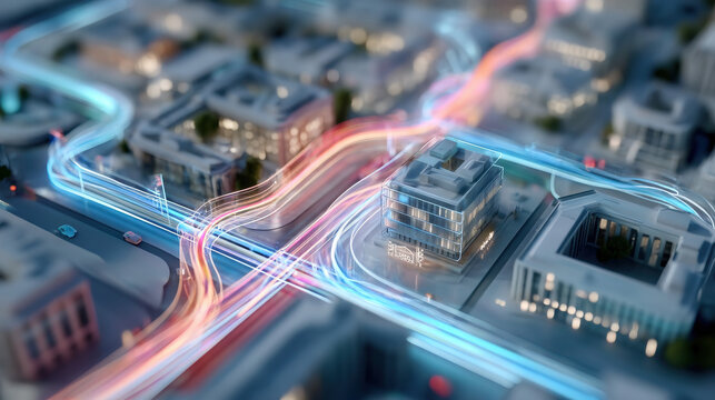 Ultra realistic smart city glowing with neon pathways representing futuristic technology and dynamic urban flow at night