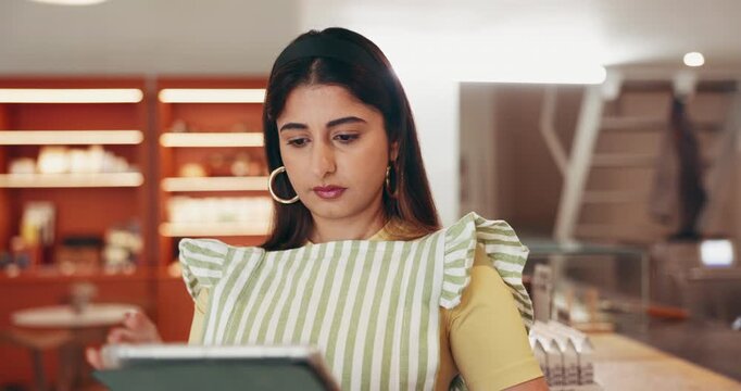 Thinking, waitress and tablet with woman in cafe for delivery schedule, vision and menu supply checklist. Online order, reflection and restaurant reservation with person in coffee shop for inventory