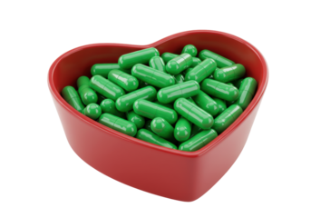 Isolated heart-shaped container filled with green capsules, conceptual health and medicine