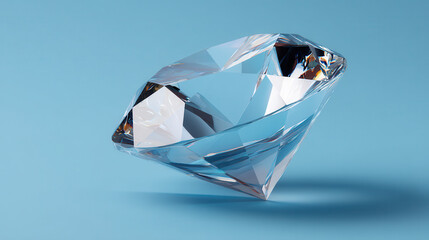 A brilliantly cut diamond gemstone sparkles with light, casting a soft shadow on a serene blue surface, exemplifying luxury, clarity, and timeless beauty.