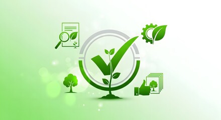Green concept of sustainability and ecofriendly practices with a checkmark and plant growth