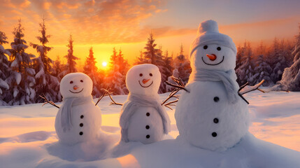 Group of snowmen on snow covered field in winter with spruce tree forest covered with snow in sunset.