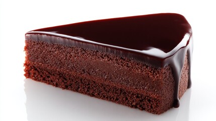 Indulge in a slice of rich chocolate cake. This dessert is perfect for celebrations or a sweet treat. Its glossy icing adds a touch of elegance. Enjoy the delicious layers. AI