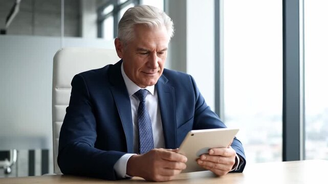 Senior Executive Reviewing Data on Tablet - A distinguished senior businessman in a blue suit is focused on reviewing data displayed on a tablet.