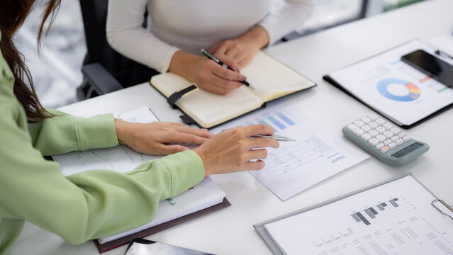 Asian businesswomen analyze financial reports discuss corporate strategy in modern office setting collaborate on project planning