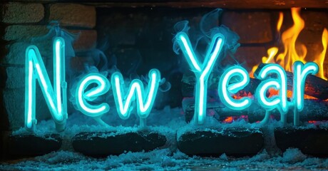 Fototapeta premium Bright neon sign spells New Year over fireplace embers. Warm tones contrast cool blue glow. Festive holiday scene.