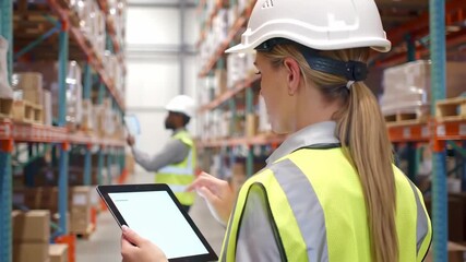 Warehouse workers using a tablet and smartphone to manage inventory in a logistics facility - Powered by Adobe