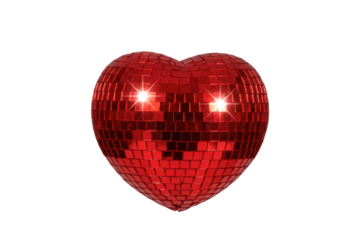 Isolated reflective red heart shape covered in small square mirrors for holiday decorations