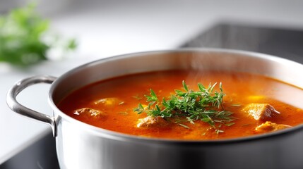 A delicious pot of soup filled with tender meat and fresh herbs. The vibrant colors and steam create a warm and inviting atmosphere. Perfect for food lovers and cooking enthusiasts. AI