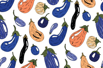 Pattern with blue and orange eggplants on white with black outline, endless illustration for fabric