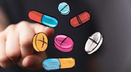 Colorful illustration of various pills and capsules.  Perfect for healthcare, medicine, and pharmacy concepts.