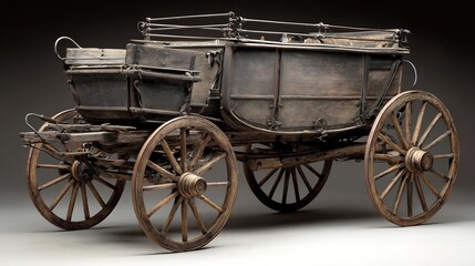 Historic weathered wooden wagon, an antique farm cart or transport vehicle, featuring intricate details and large spoked wheels, isolated on a studio background.