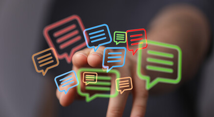 Abstract hand touching glowing message symbols. Communication concept for business social media networks.