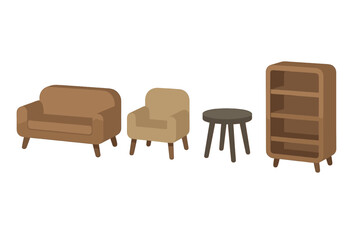 Modern living room furniture set with sofa, armchair, side table, and wooden bookshelf