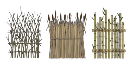 Collection of natural fences including wattle reed and bamboo.