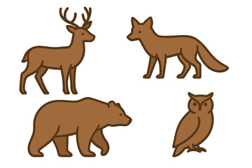 Naklejka premium Collection of stylized brown woodland animal icons deer fox bear and owl