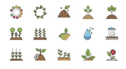 Colorful Plant Growth and Agriculture Icon Set.