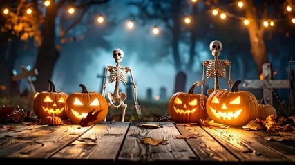 Halloween Day , Skeleton and Pumpkins in graveyard at full moon night , Holiday event halloween banner background concept for videos - Powered by Adobe