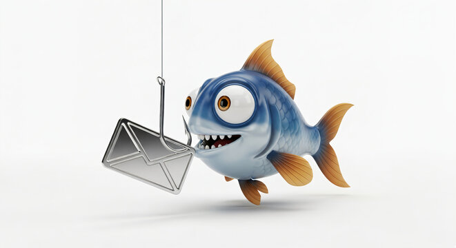 A 3D digital illustration features a stylized, cartoonish fish with an open mouth biting down on a metallic silver envelope. A concept for e-mail fishing, a type of malware attack.