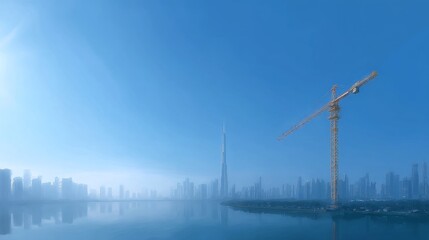 A city skyline under a bright blue sky is shown. A tall crane stands prominently, symbolizing construction and growth. This image captures urban development and future potential. AI