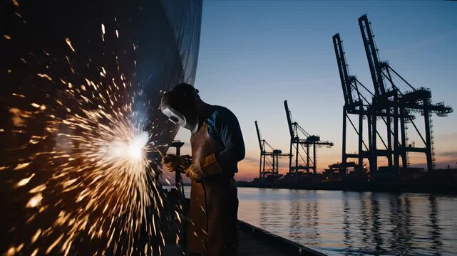 Shipyard Welder at Dusk - A shipyard welder works on a ship at dusk, sparks flying from the welding torch.