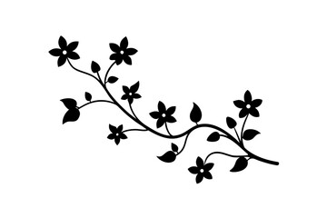 Silhouette floral branch with leaves on transparent background