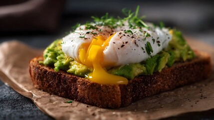 Avocado toast with a perfectly poached egg runny yolk and fresh herb garnish