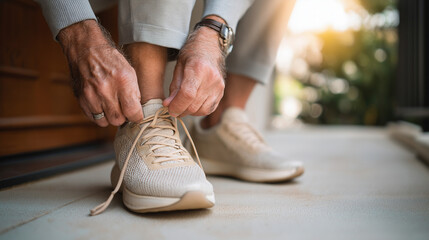 Senior tying shoelaces before morning walk outdoors.