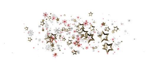 Decorative abstract illustration of floating gold stars, red and silver snowflakes against a clean white backdrop. Perfect for holiday designs a