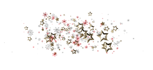 Decorative abstract illustration of floating gold stars, red and silver snowflakes against a clean white backdrop. Perfect for holiday designs a