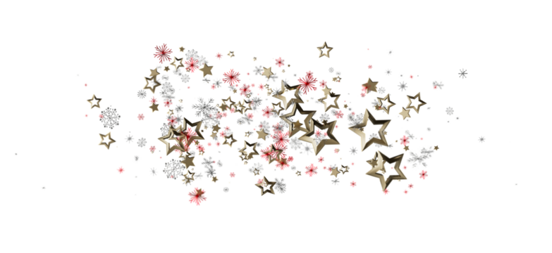 Decorative abstract illustration of floating gold stars, red and silver snowflakes against a clean white backdrop. Perfect for holiday designs a