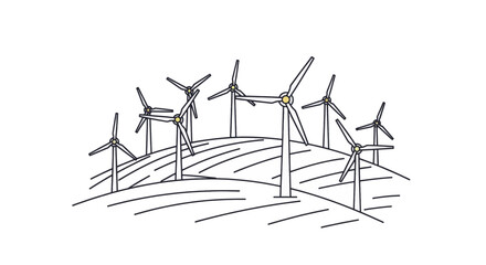 Line art illustration of a wind farm on rolling hills representing renewable energy.