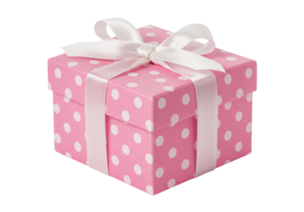 Isolated pink present with polka dots and ribbon tied in a bow, birthday, holiday, gift card