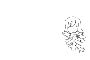 Single one line drawing a girl hugs a stegosaurus dinosaur doll and puts it on her chest. Playing with prehistoric animal toys. Exciting. Dinosaur Day. Continuous line design graphic illustration