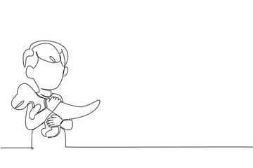 Single continuous line drawing a boy hugs a t-rex dinosaur doll and puts it on his chest. Plays with favorite doll. Playing learning about animals. Dinosaur Day. One line design vector illustration