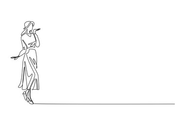 Continuous one line drawing a young woman dressed in a long dress is gesturing to give an air kiss. Beautiful. So charming and seductive. Wear a Dress Day. Single line draw design vector illustration