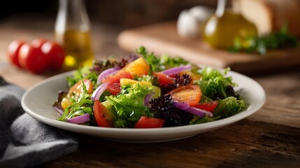 A fresh mixed green salad with cherry tomatoes and red onion served on a plate on a rustic wooden table with ingredients in the background