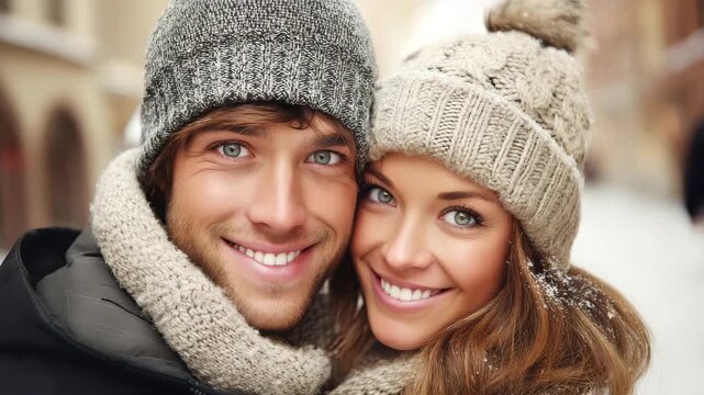 Young couple enjoys winter in a snowy city, smiling together while wearing warm hats and scarves