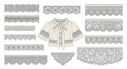 Set of Lace Trims and Blouse Fashion Illustration.