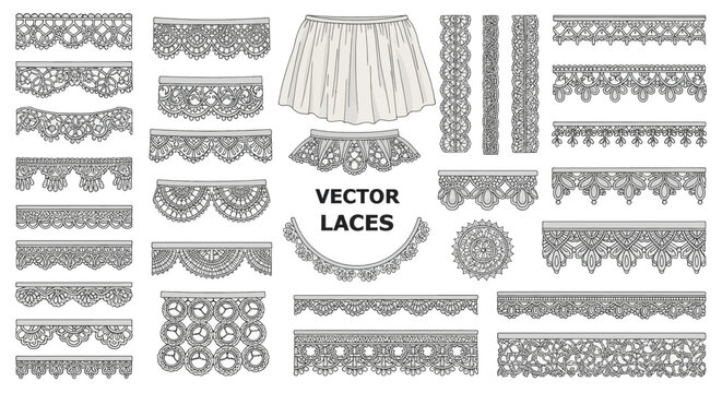 Set of vector lace trims ribbons and borders for design.