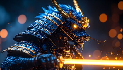 Detailed Fantasy Dragon Warrior with Glowing Sword and Armor