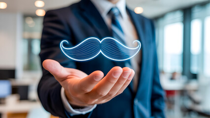 Man holding digital moustache icon, concept for men's health, grooming, or style. Technology integration.